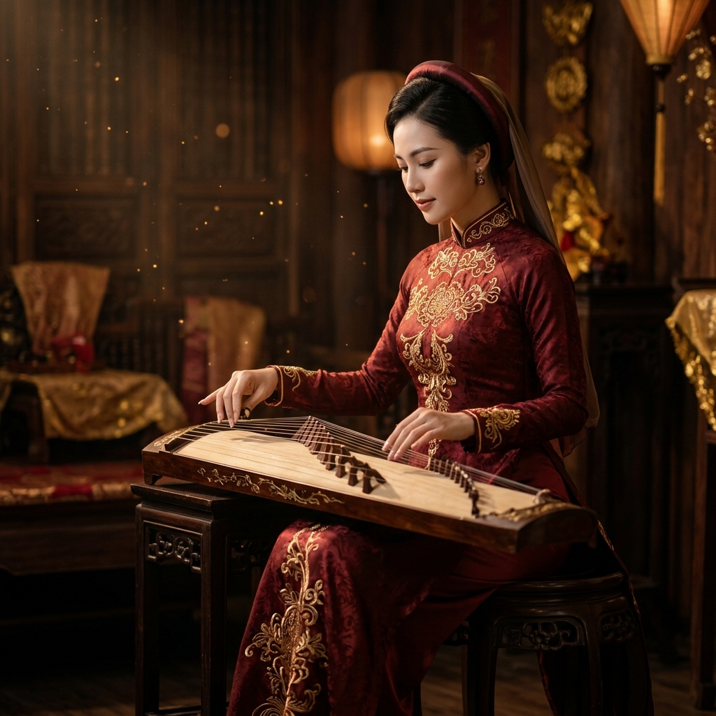 Người phụ nữ áo dài chơi đàn tranh